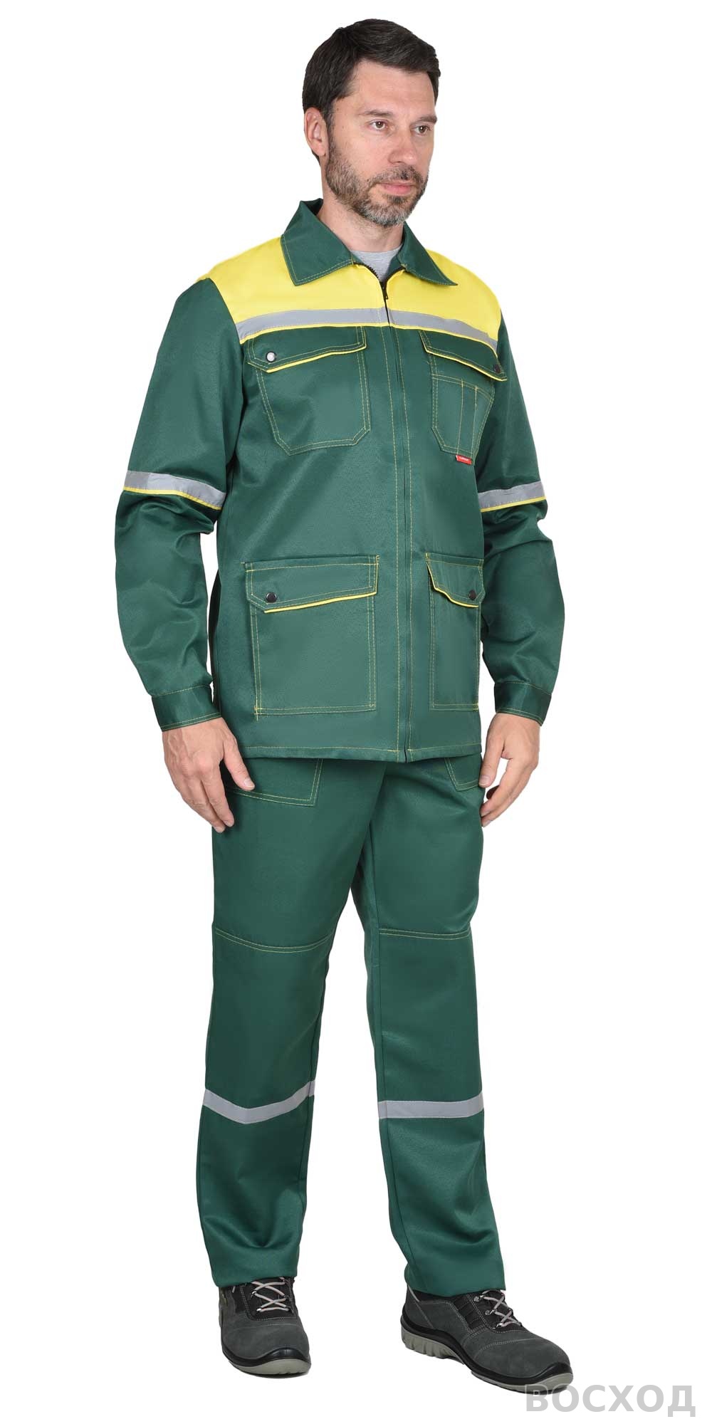 Костюм СИРИУС-МЕХАНИК куртка, брюки зелёный с жёлтым и СОП