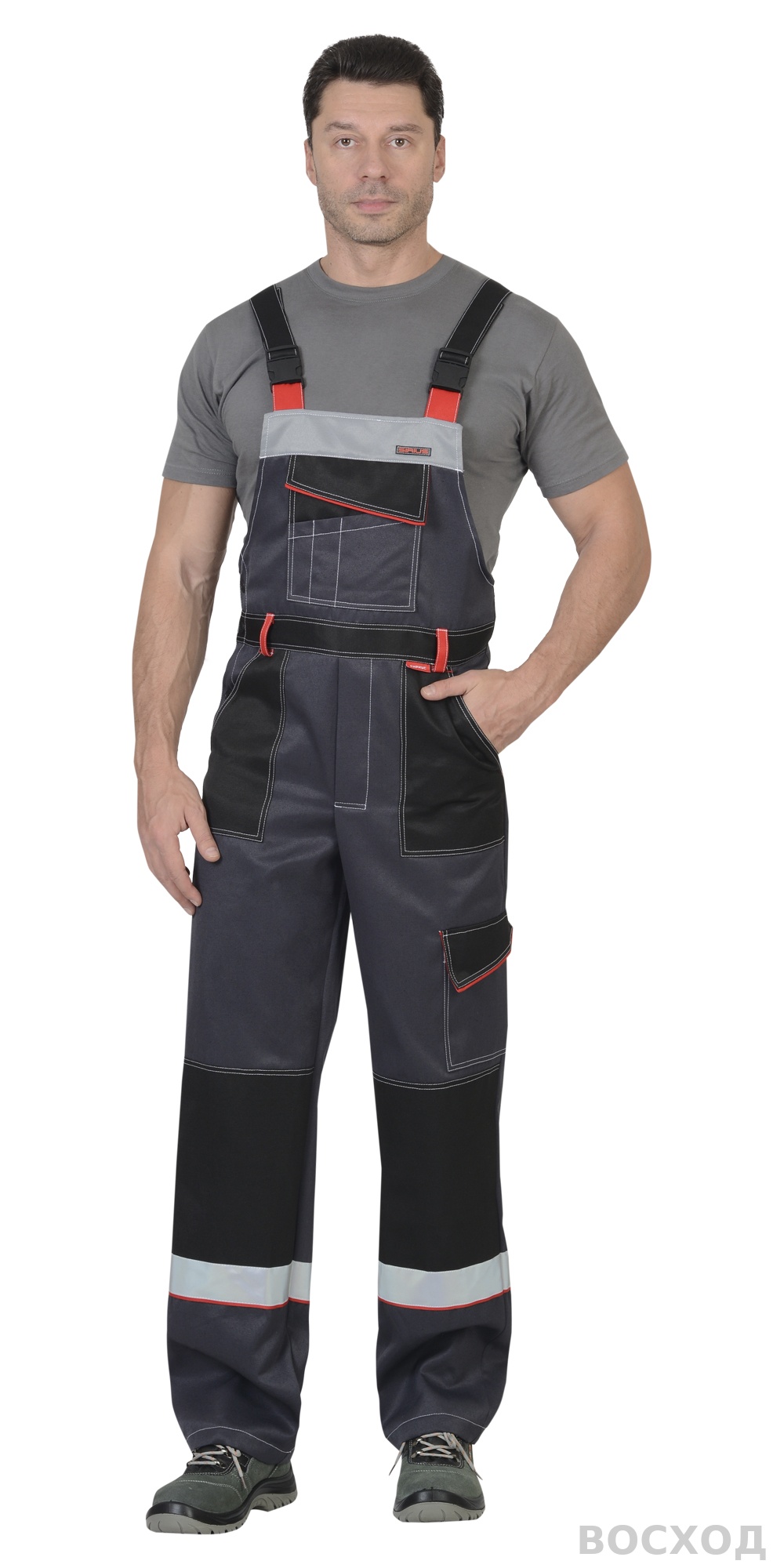 Костюм СИРИУС-ПОЛИНОМ куртка, п/к, темно- со светло-серым, черным, красным и СОП