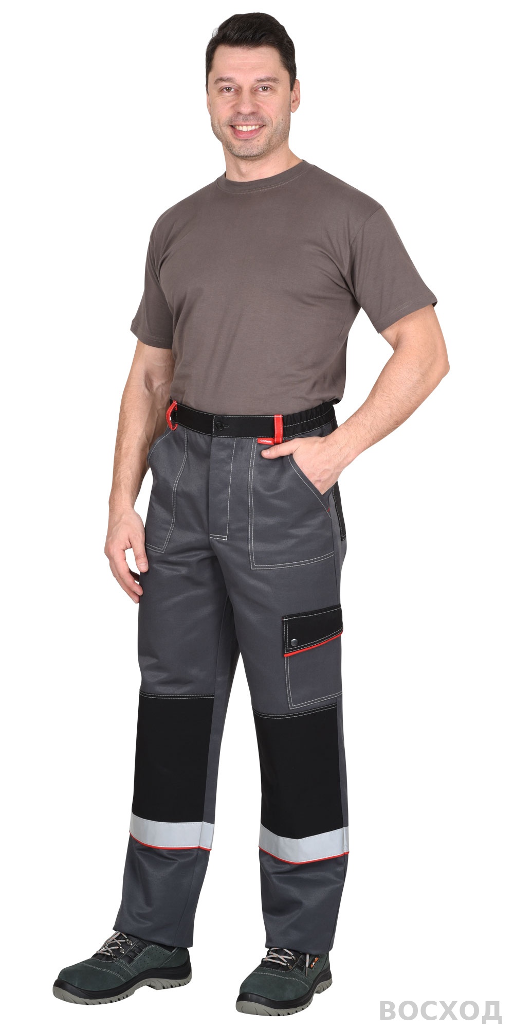 Костюм СИРИУС-ПОЛИНОМ куртка и брюки, т. с черным со св.серым и красным, СОП