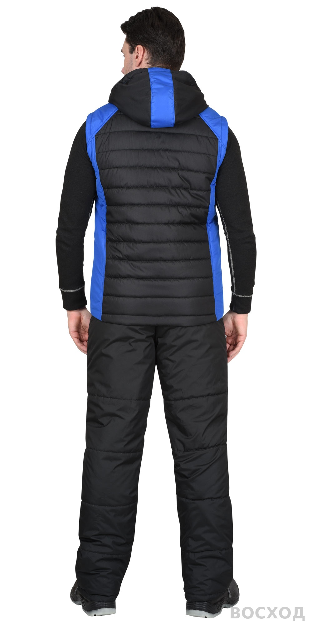 Жилет СИРИУС-УРБАН утепленный с капюшоном черный с васильковым