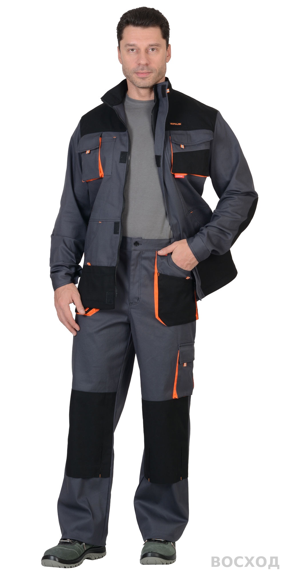 Костюм СИРИУС-МАНХЕТТЕН куртка дл., брюки т. с оранж. и черным тк. стрейч пл. 250 г/кв.м