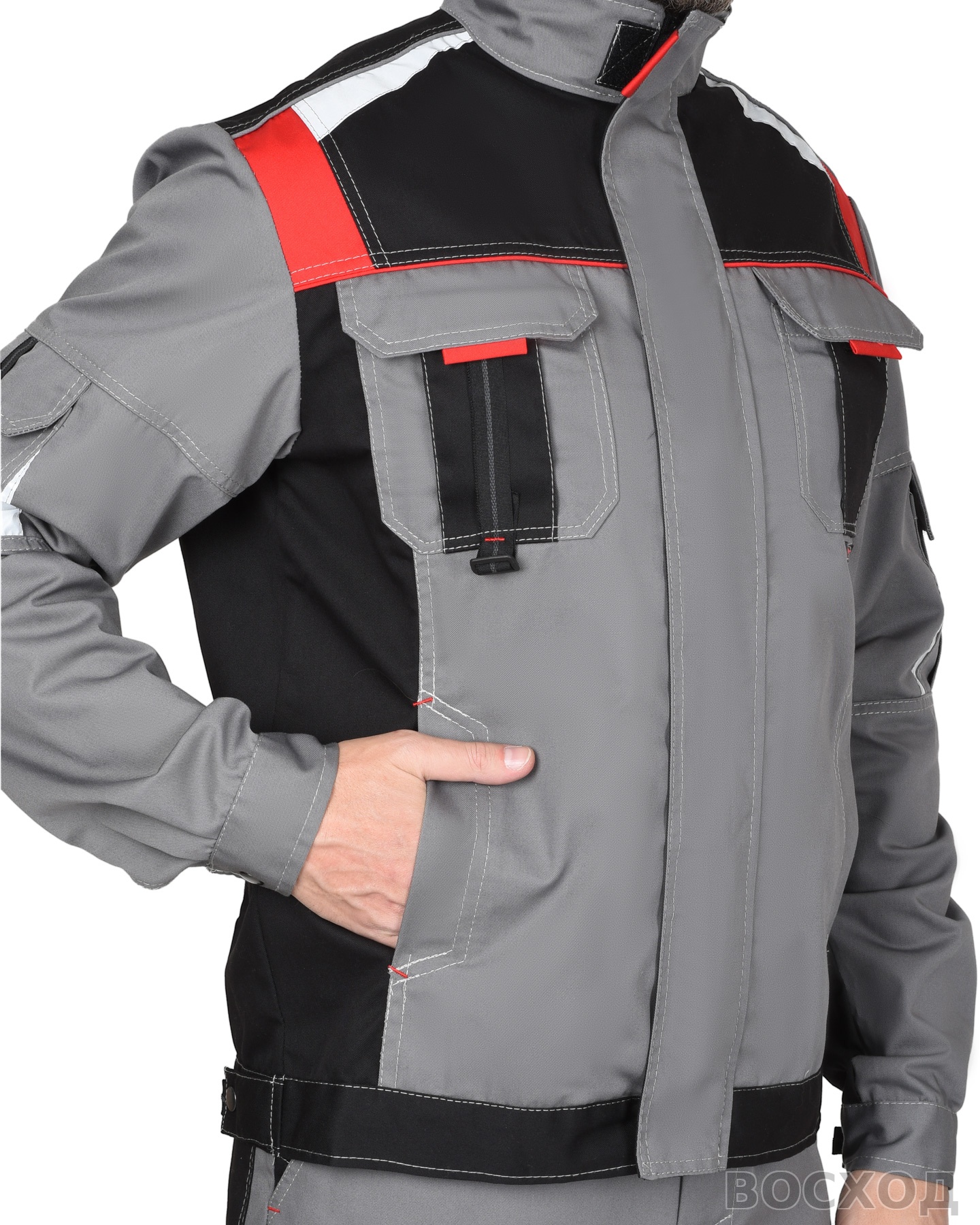 Костюм СИРИУС-СТАН куртка, п/к ср. с черной и красной отделкой