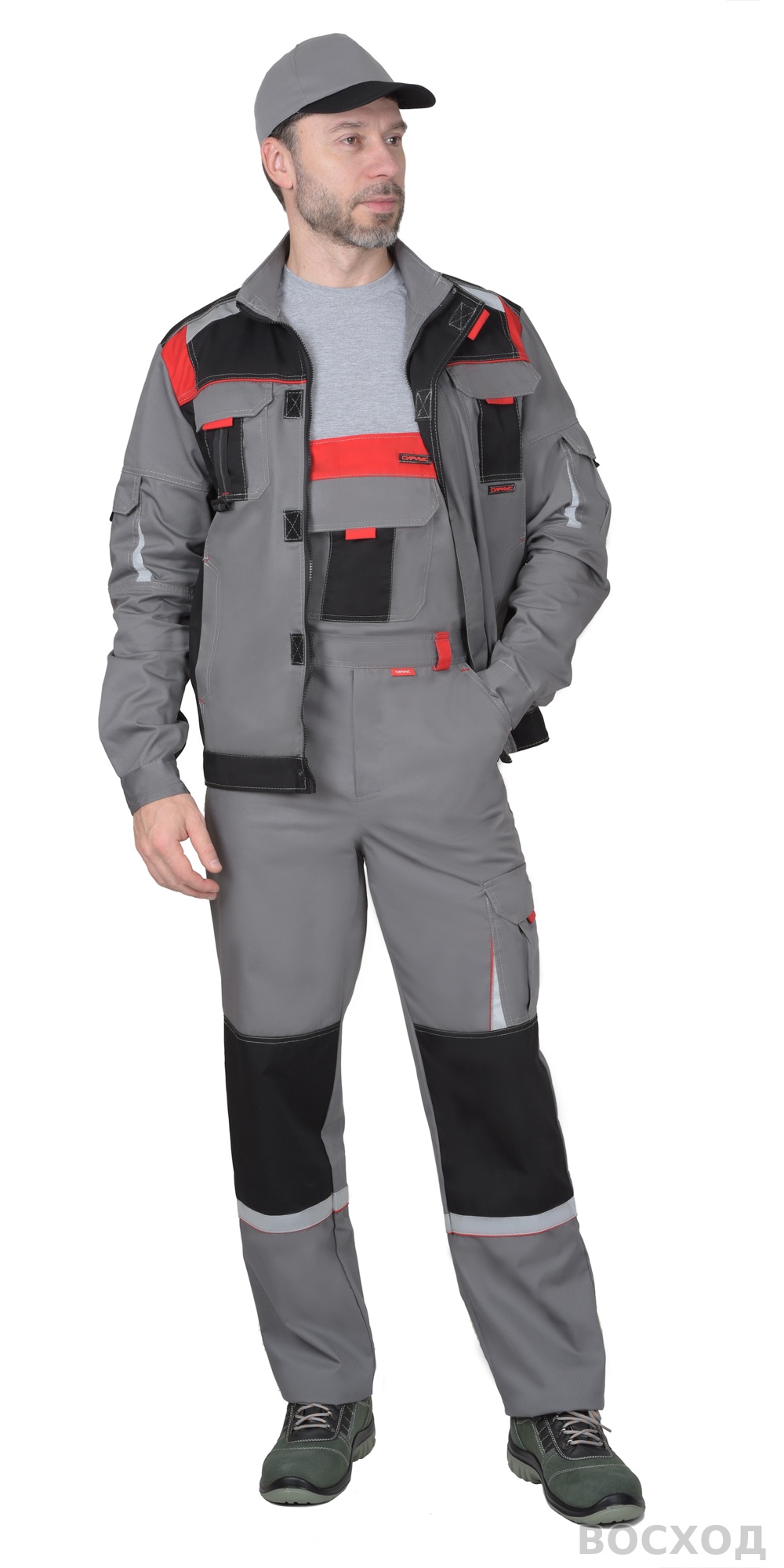 Костюм СИРИУС-СТАН куртка, п/к ср. с черной и красной отделкой