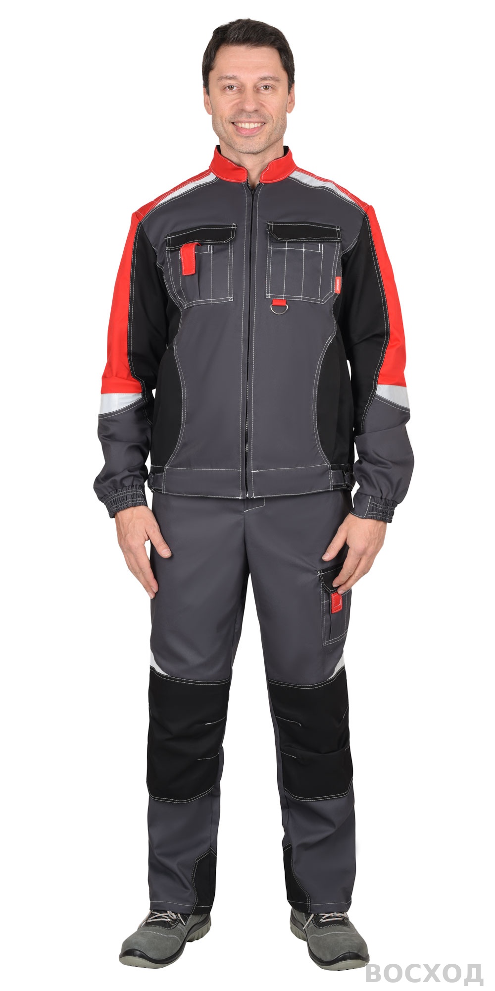 Костюм мужской летний СИРИУС-ФАВОРИТ-МЕГА куртка и полукомбинезон, с черным и красным, СОП