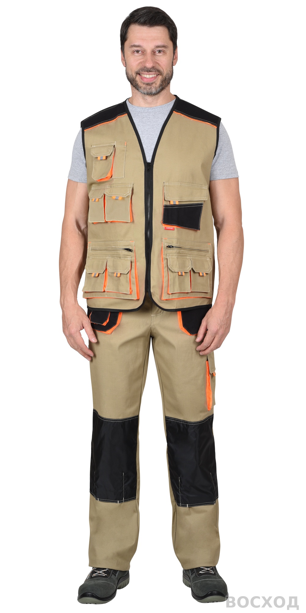 Костюм СИРИУС-МАНХЕТТЕН брюки, жилет с оранж. и черным тк. мех. стрейч пл. 250г/кв.м