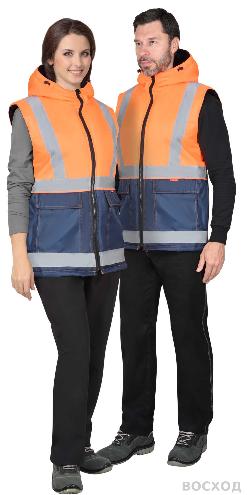 Жилет СИРИУС-ТЕРМИНАЛ с капюшоном темно- с оранжевым