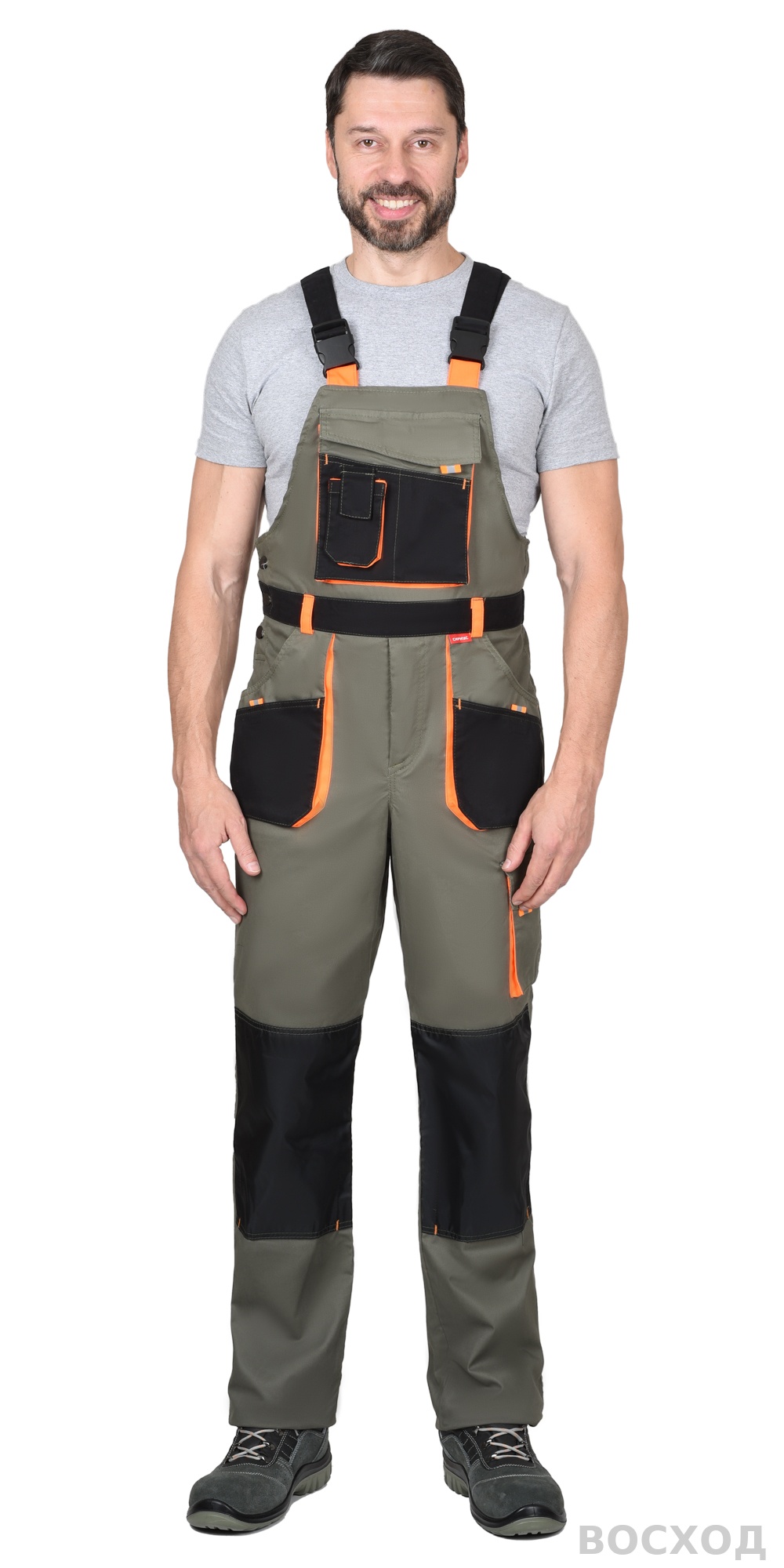 Костюм СИРИУС-МАНХЕТТЕН куртка дл., п/к олив. с оранж. и чер. тк. мех. стрейч 260 г/кв.м