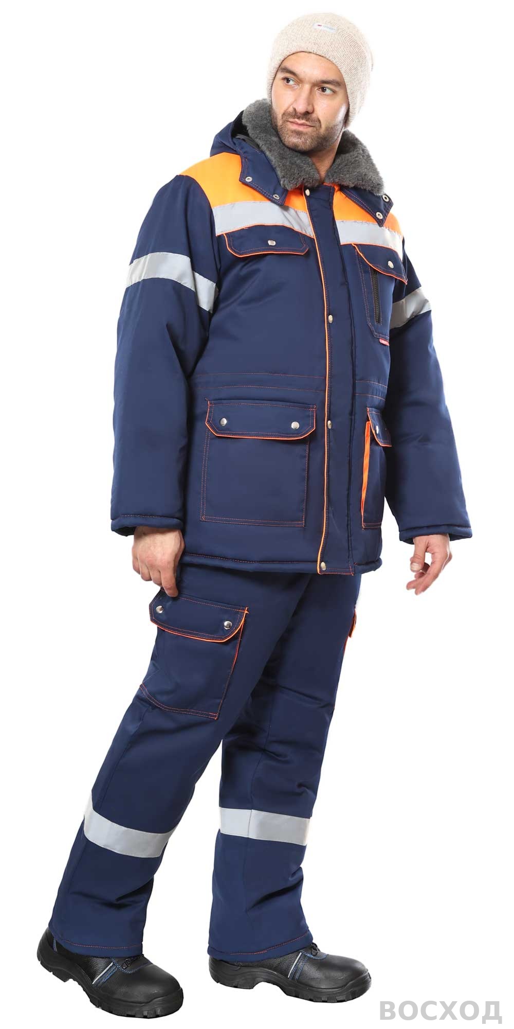 Костюм СИРИУС-ЛИДЕР-М куртка дл., п/к с оранжевым, мех. воротник, СОП