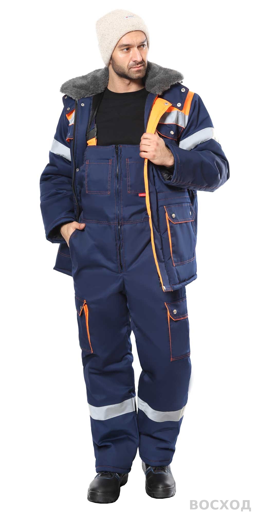 Костюм СИРИУС-ЛИДЕР-М куртка дл., п/к с оранжевым, мех. воротник, СОП