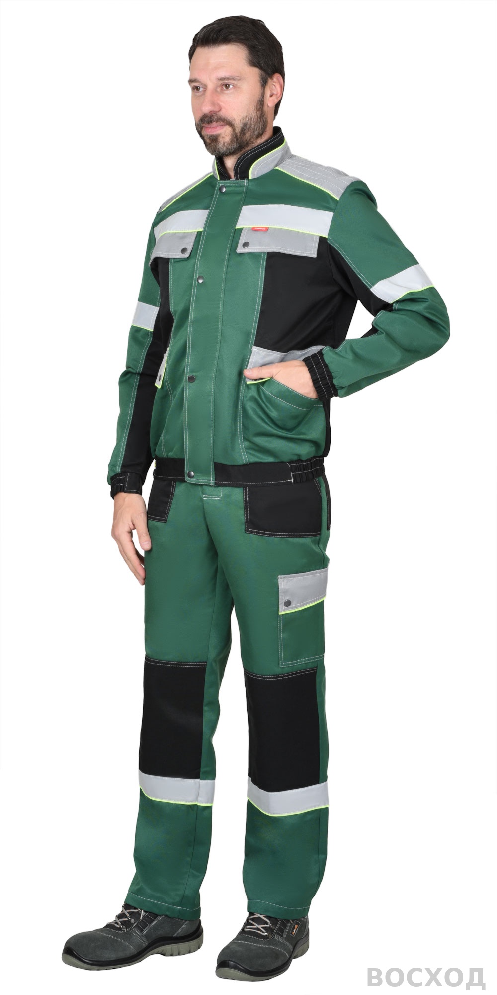 Костюм СИРИУС-ПОЛИНОМ муж., кур. кор., п/к. с черным и св.серым и СОП 50мм