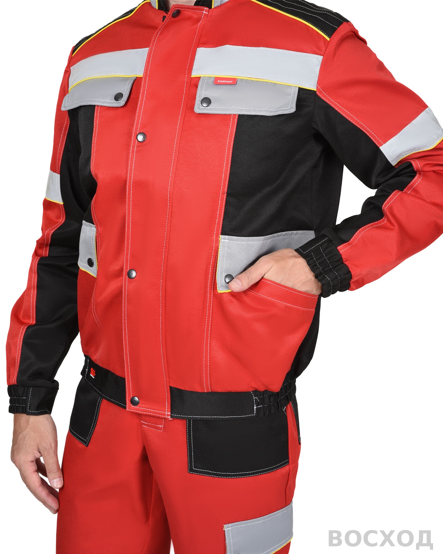 Костюм СИРИУС-ПОЛИНОМ муж.,курт.кор. п/к, черный с красным и св.серым СОП 50мм