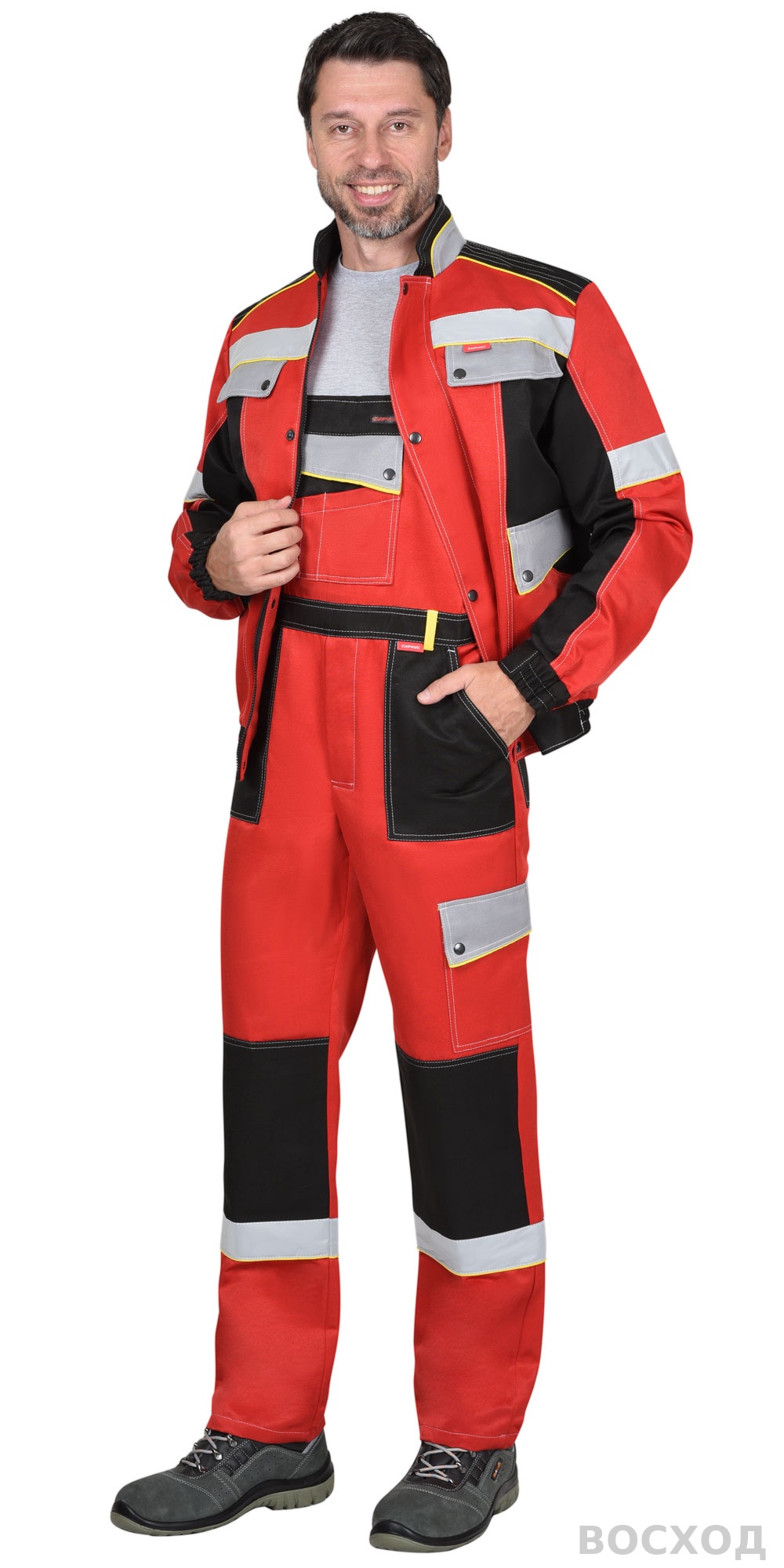 Костюм СИРИУС-ПОЛИНОМ муж.,курт.кор. п/к, черный с красным и св.серым СОП 50мм