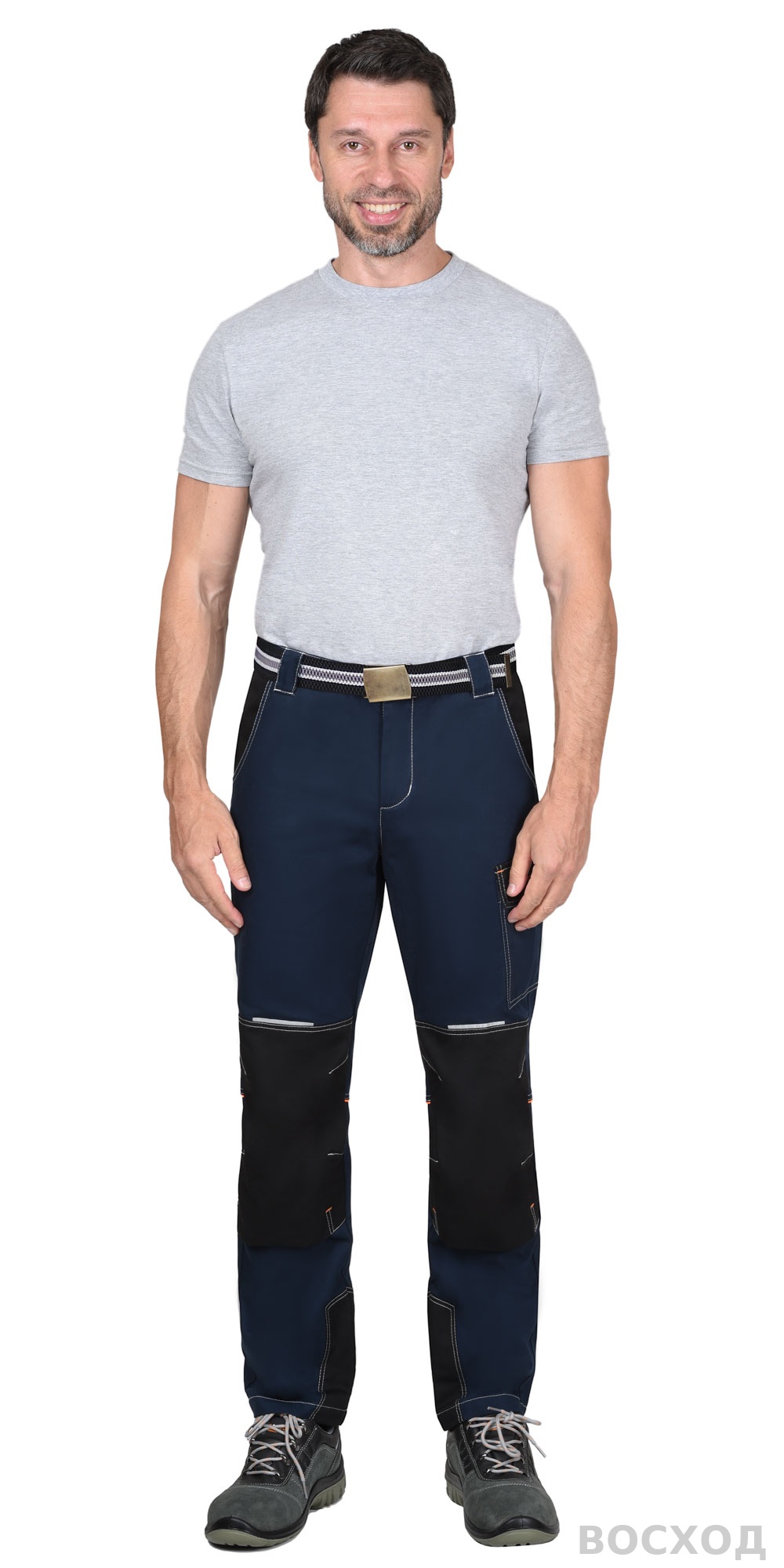 Брюки СИРИУС-ШАТЛ-РОСС с ремнем синие с черным, 80% х/б, пл. 260 г/кв.м