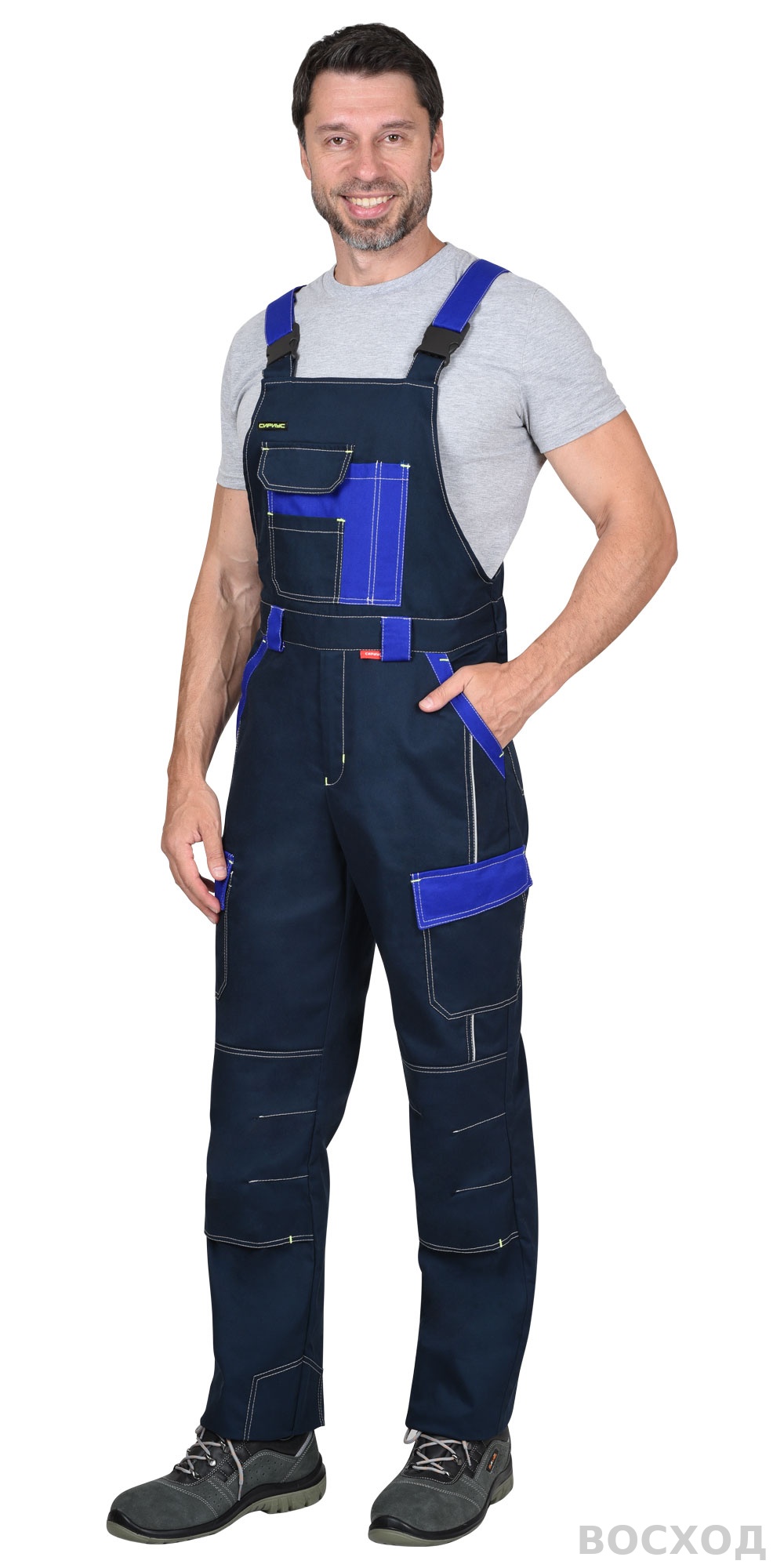 Костюм СИРИУС-КАРАТ-РОСС куртка, полукомбинезон темно- с васильковым, 80% х/б, пл. 260 г/кв.м