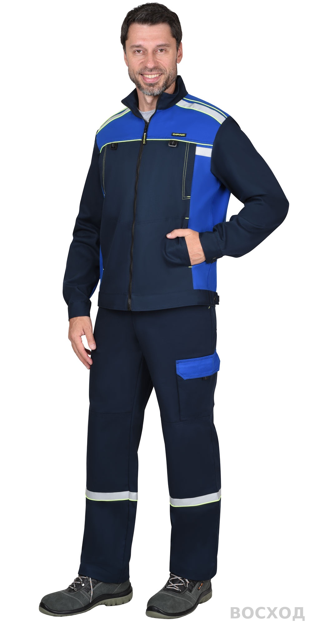 Костюм СИРИУС-ПРАКТИК-ЛЮКС-РОСС куртка, п/к т. с васильк. 80% х/б, пл. 260 г/кв.м