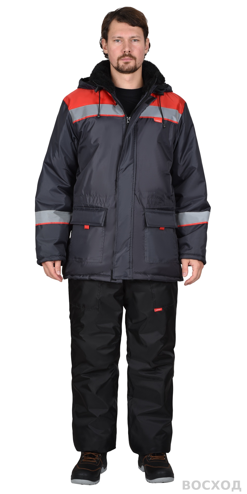 Куртка СИРИУС-БРИГАДИР зимняя мужская с мех. воротником и капюшоном, темно-серая с красным