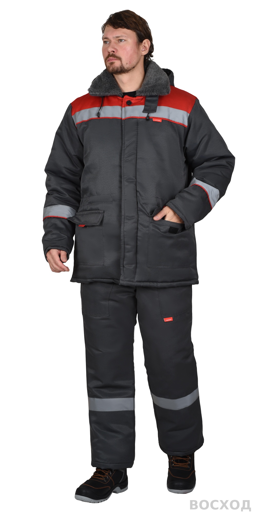 Куртка СИРИУС-БРИГАДИР мех. ворот, темно-серая с красным и СОП