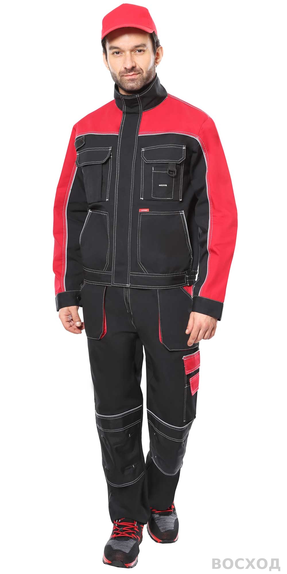 Костюм СИРИУС-АГАТ куртка, брюки черный с красным пл. 260 г/кв.м. ВО отделка