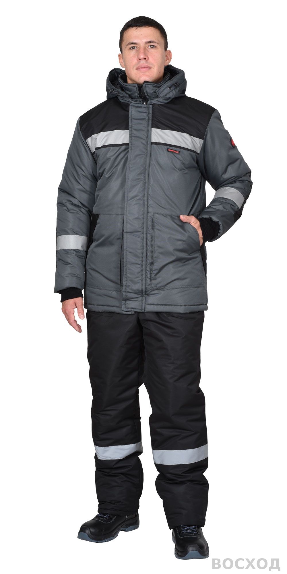 Куртка СИРИУС-КОМФОРТ зимняя, удлиненная темно-серая с черным и СОП