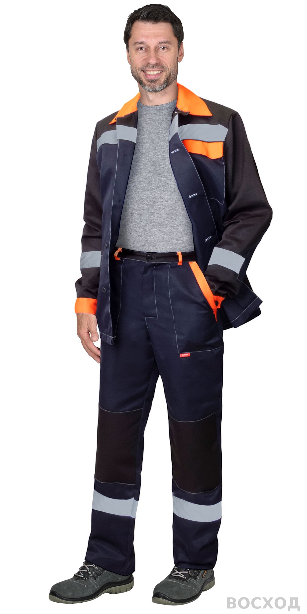 Костюм СИРИУС-ПРОФИЛЬ куртка, брюки с черным с оранжевой отделкой и СОП