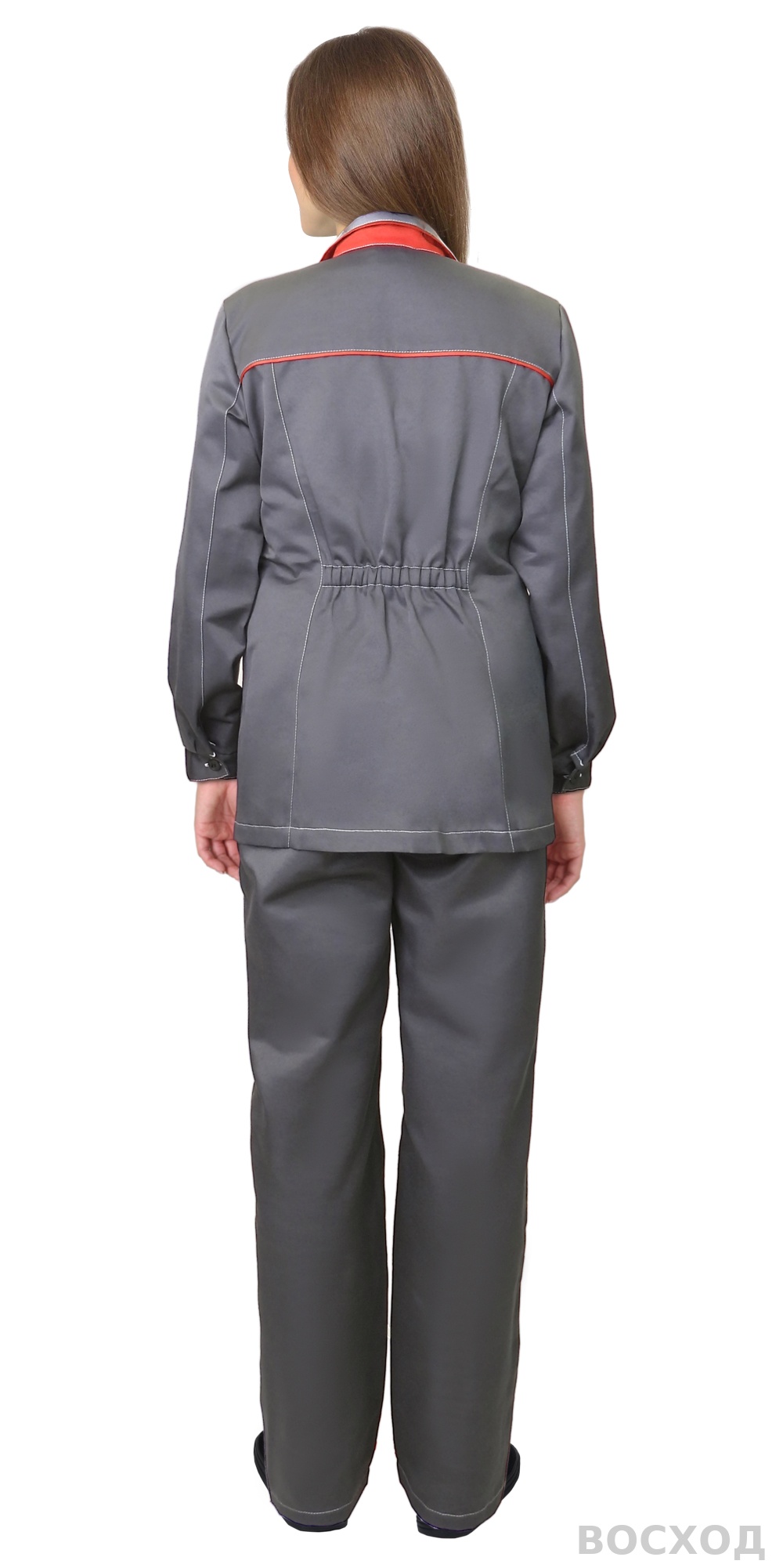 Костюм СИРИУС-ЗОЛУШКА женский, куртка, брюки, темно- со светло-серым и красной отделкой