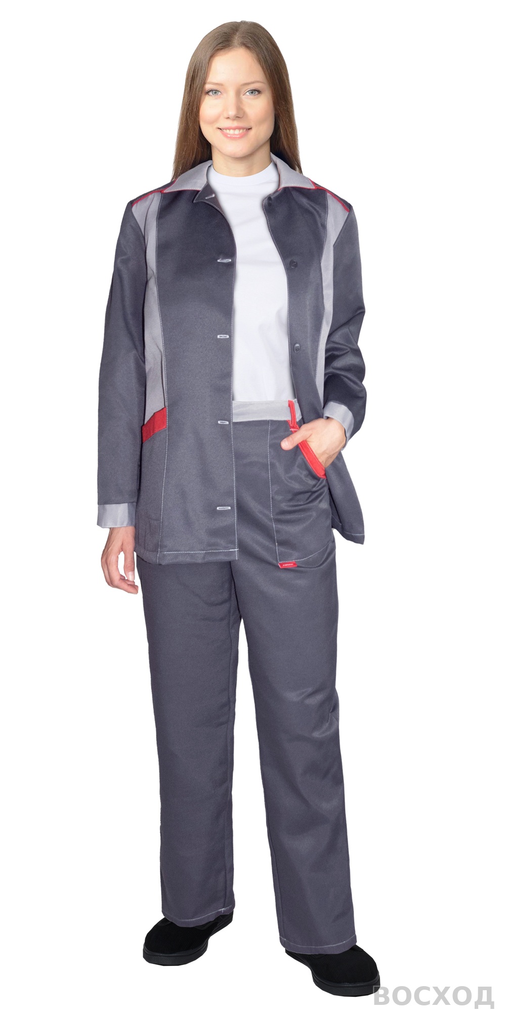 Костюм СИРИУС-ЗОЛУШКА женский, куртка, брюки, темно- со светло-серым и красной отделкой