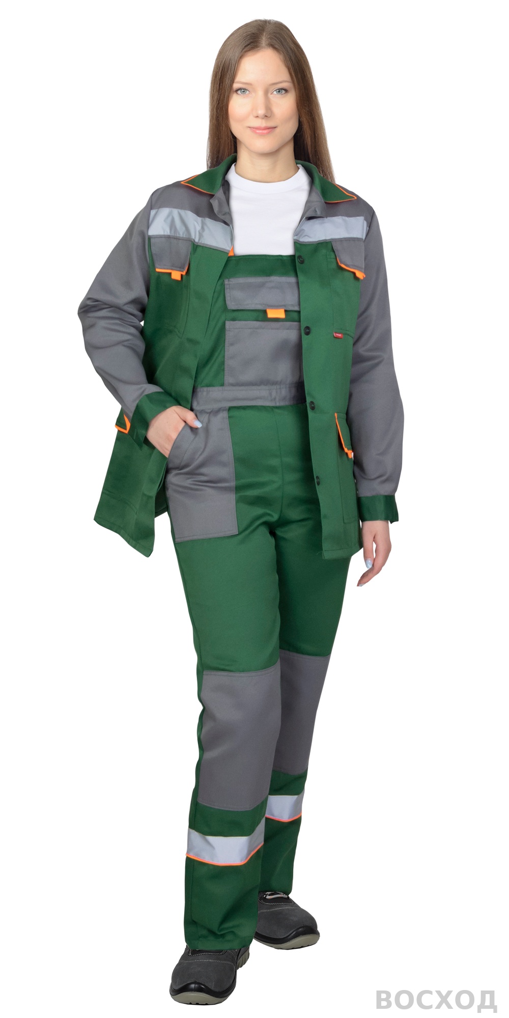 Костюм СИРИУС-УДАРНИЦА женский, куртка, п/к, со средне-серым с оранжевой отделкой и СОП