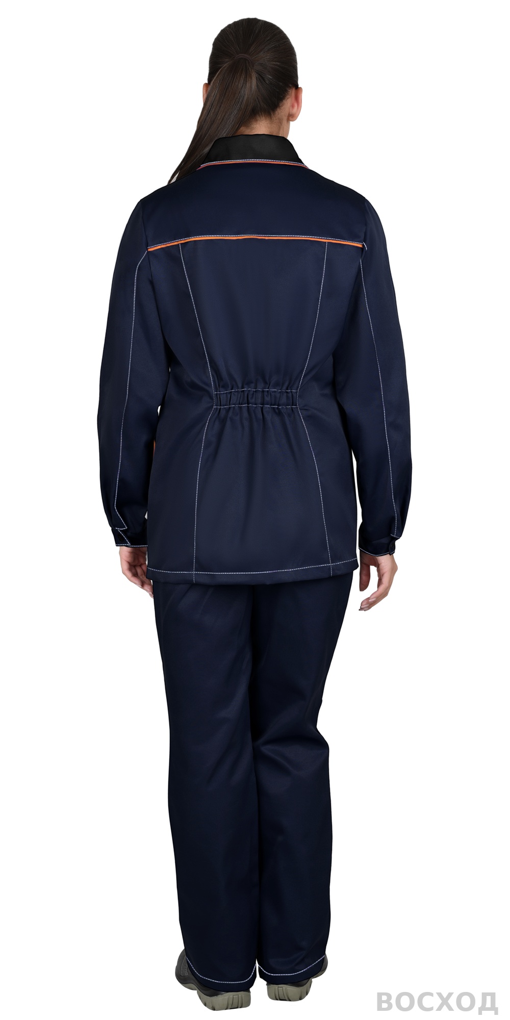 Костюм СИРИУС-ЗОЛУШКА женский, куртка, брюки, темно- с черным и оранжевой отделкой