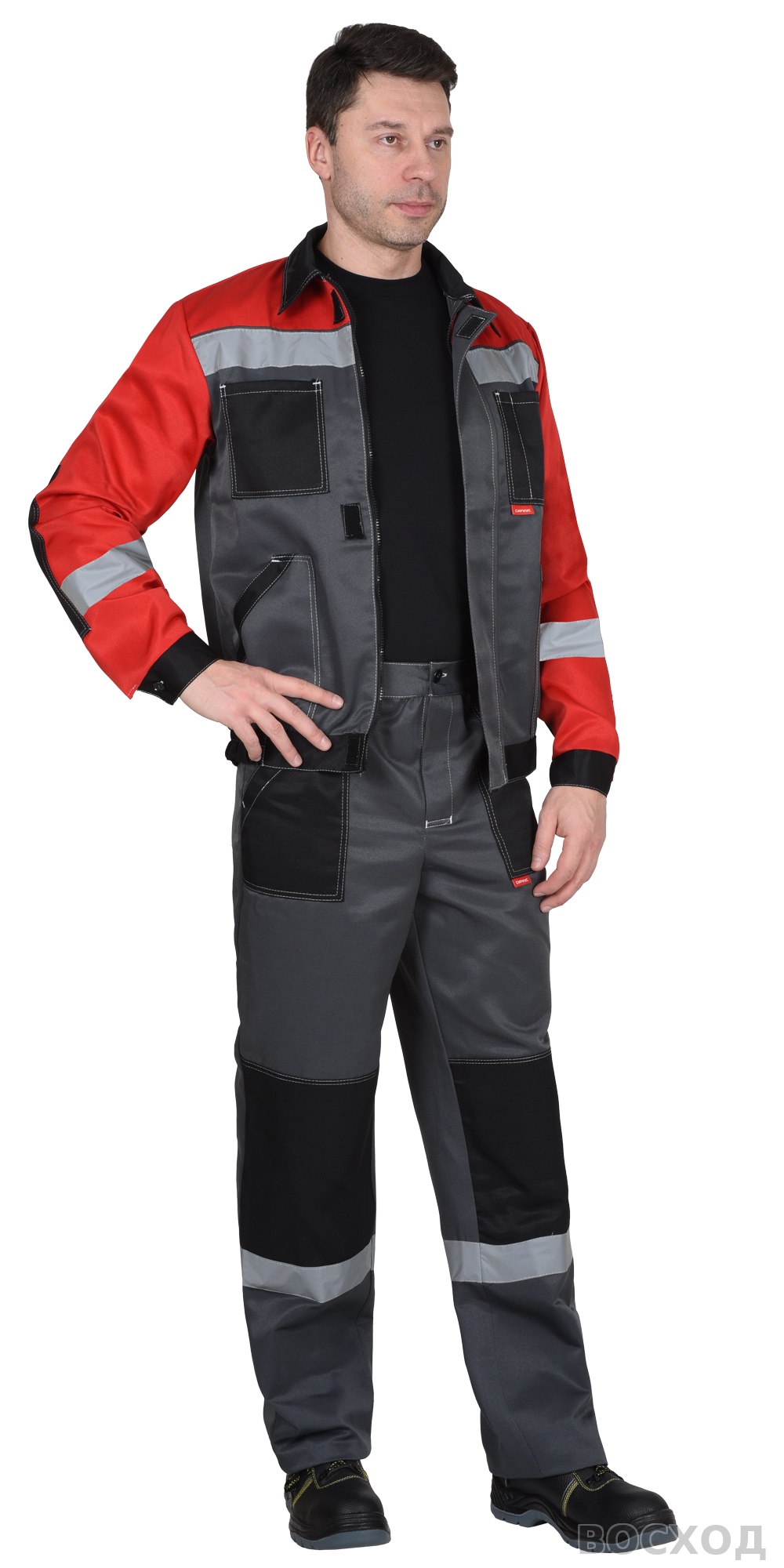 Костюм СИРИУС-ЛИГОР-2 куртка короткая, брюки, темно- с красным и черным, СОП