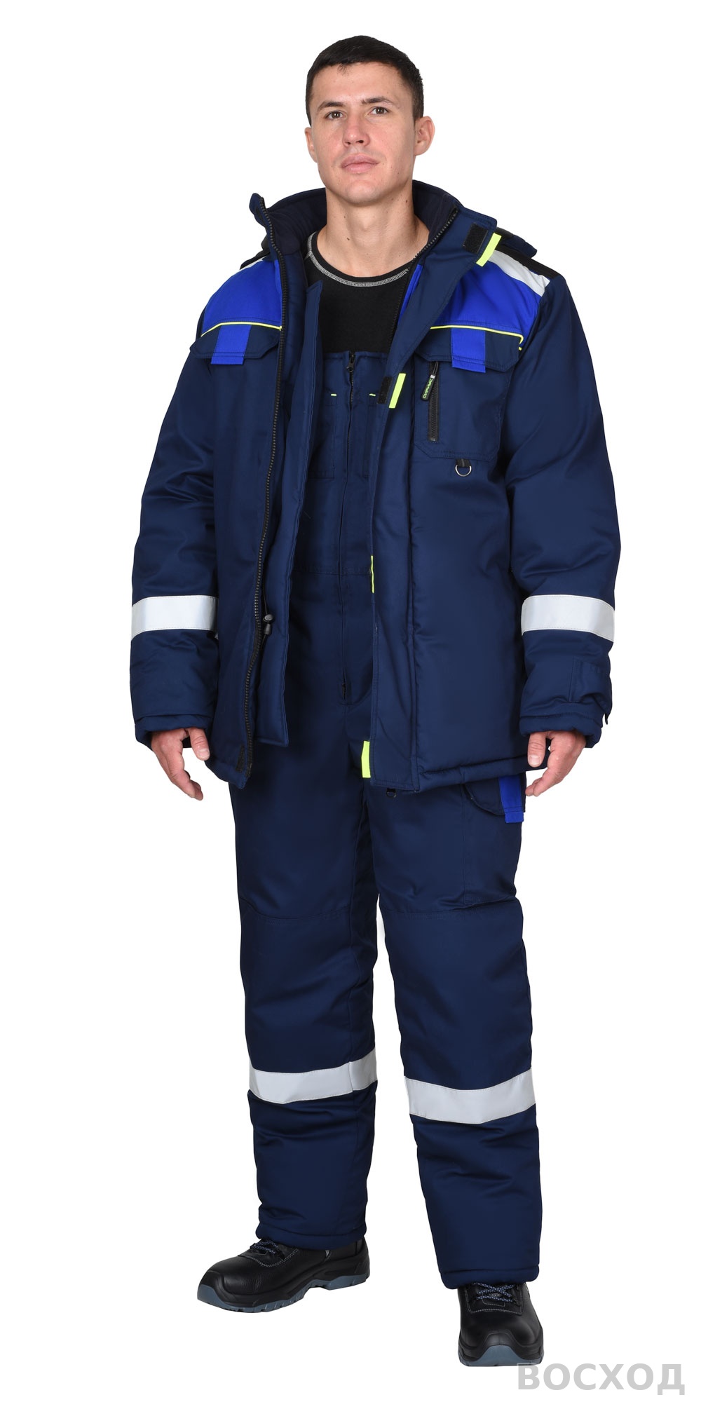 Костюм СИРИУС-БОСТОН-РОСС зимний, куртка длинная, п/к, с васильковым, чёрной отделкой и СОП