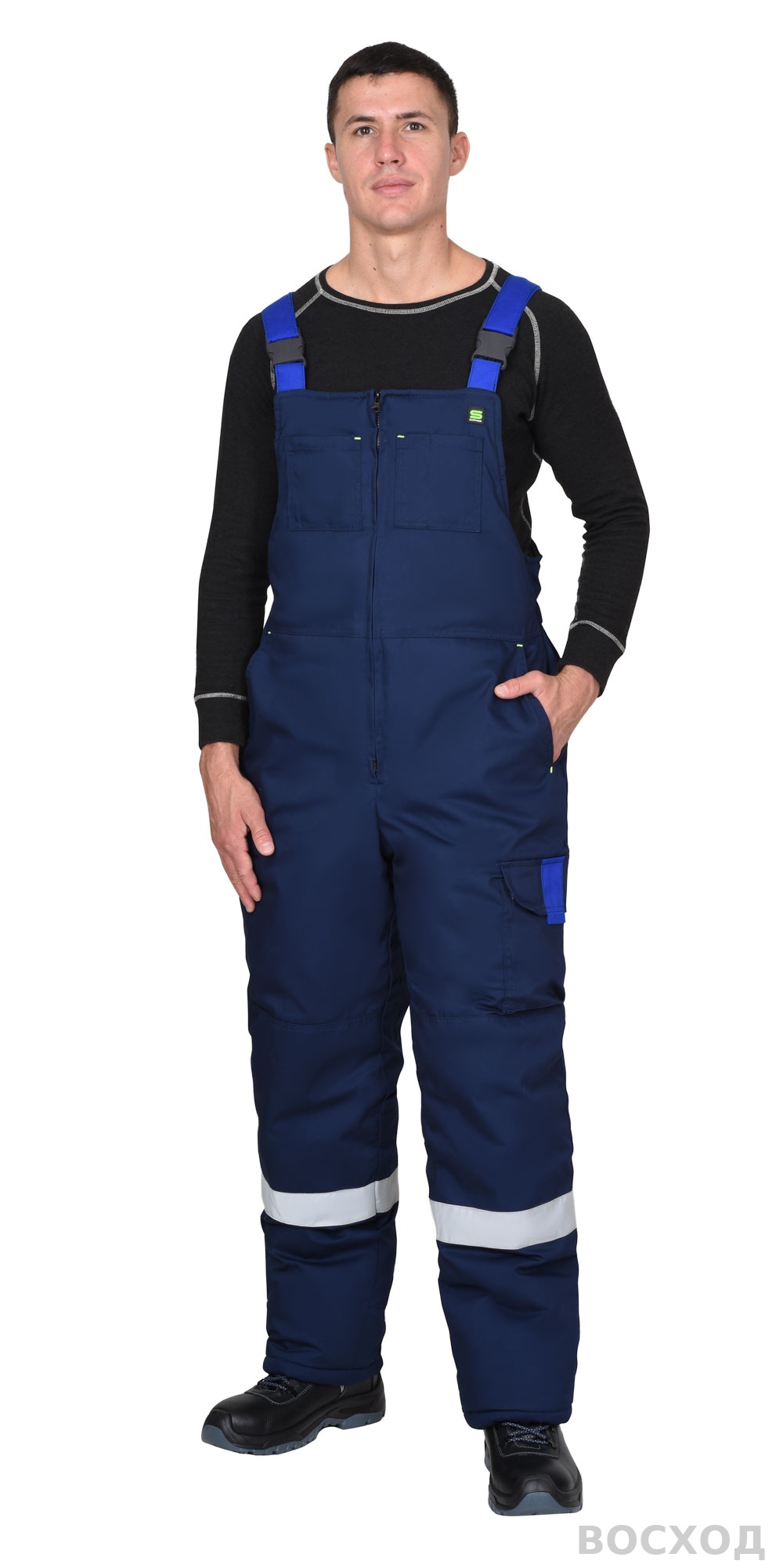 Костюм СИРИУС-БОСТОН-РОСС зимний, куртка длинная, п/к, с васильковым, чёрной отделкой и СОП