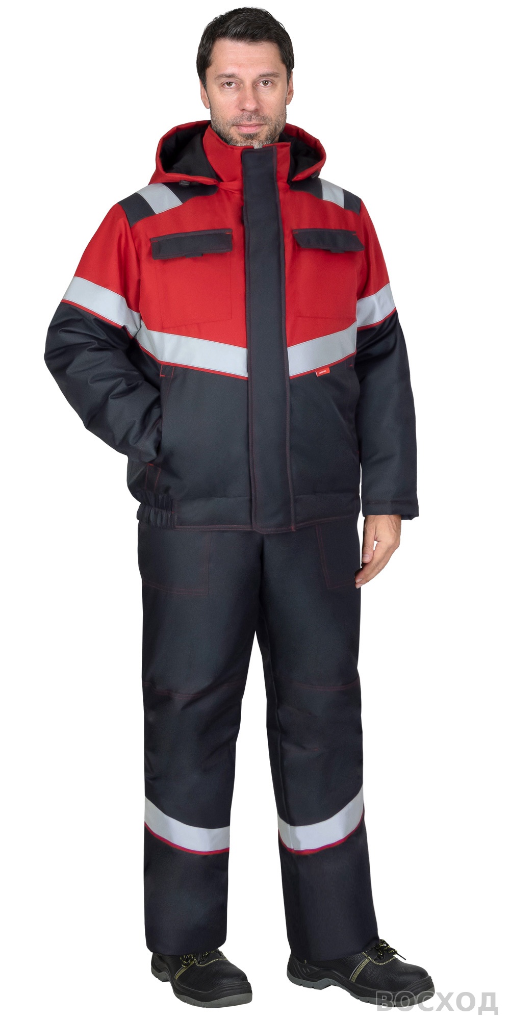 Костюм СИРИУС-НАВИГАТОР-1М зимний, куртка кор., п/к, тёмно- с красным и СОП