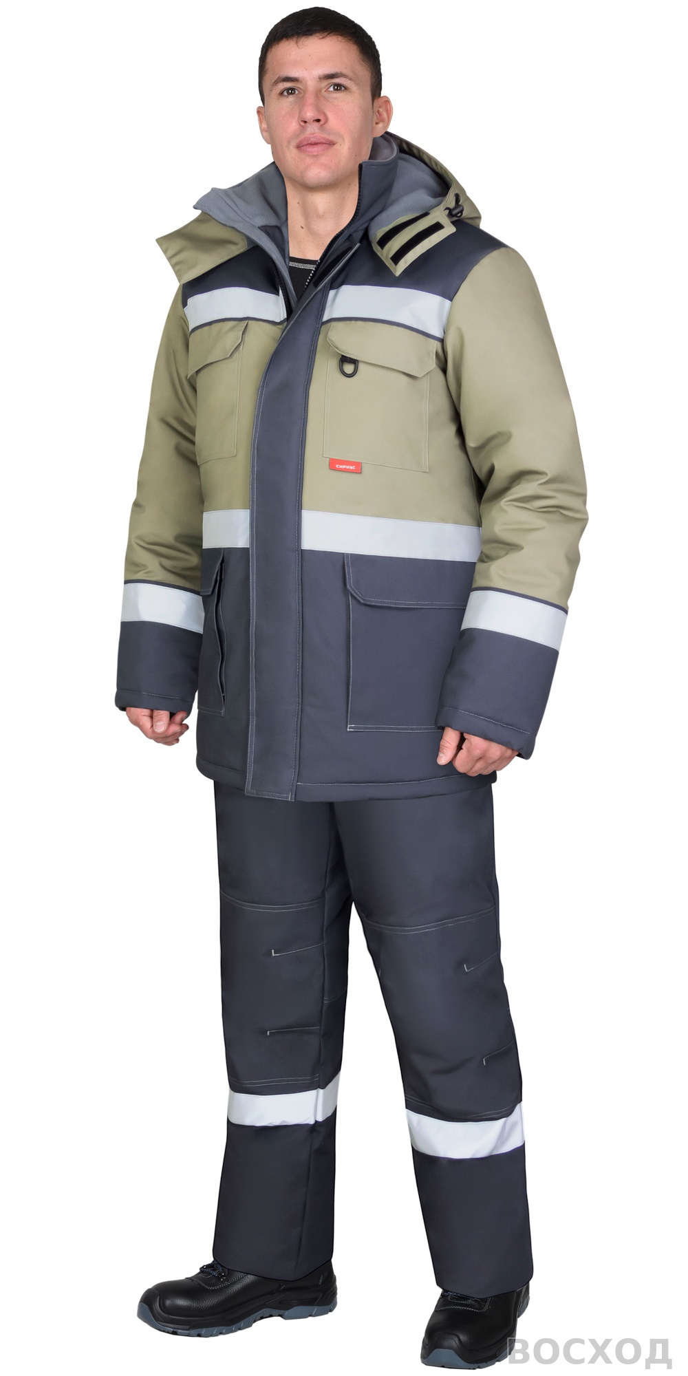 Костюм СИРИУС-ПАРИТЕТ зимний, куртка дл., брюки, тёмно- со светло-оливковым и СОП