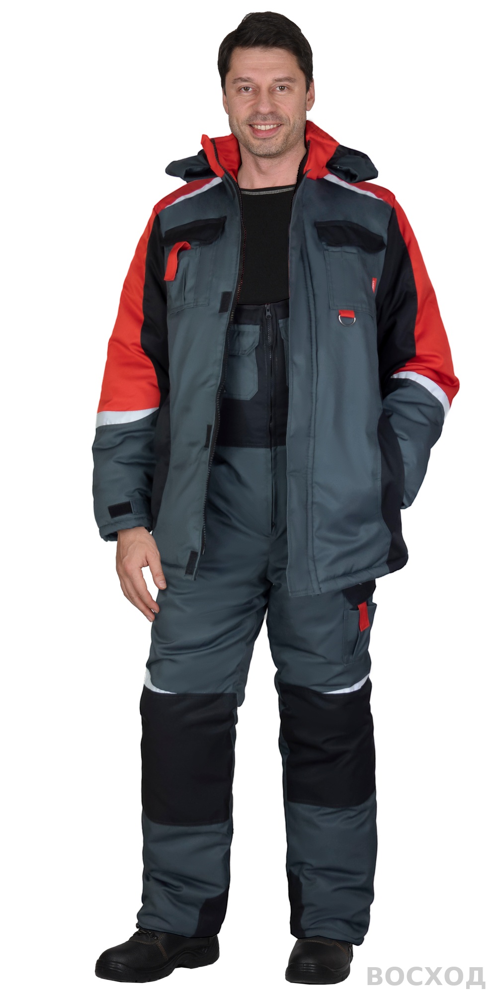 Костюм СИРИУС-ФАВОРИТ-МЕГА-РОСС зимний, куртка дл., п/к, тёмно- с красным, чёрным и СОП