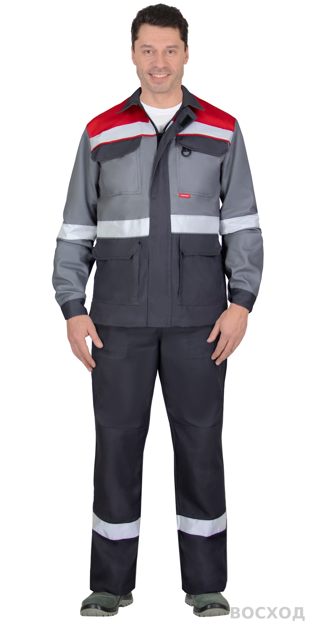 Костюм СИРИУС-ПАРИТЕТ куртка удлиненная, брюки, темно- со средне-серым, красным и СОП