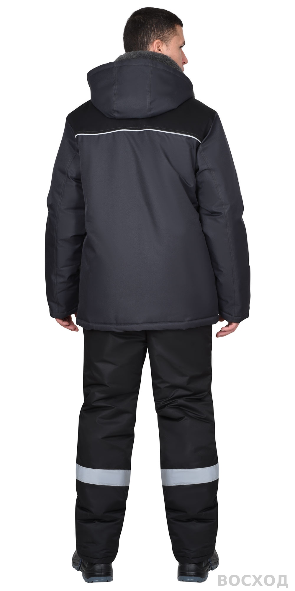 Куртка СИРИУС-МАСТЕР-М зимняя, муж. с мех. воротником и капюшоном, тёмно-серая с черым и СВ кантом