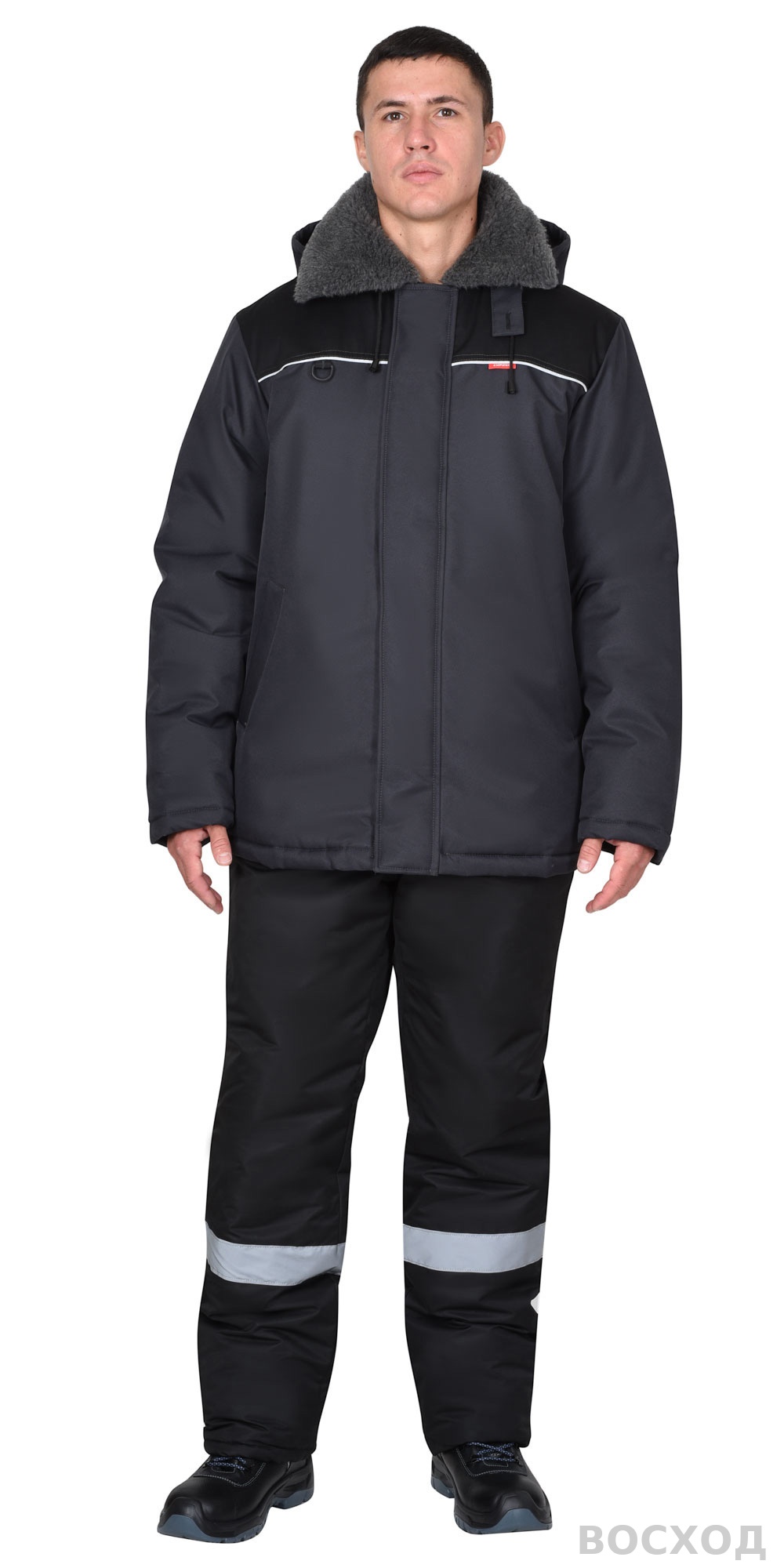 Куртка СИРИУС-МАСТЕР-М зимняя, муж. с мех. воротником и капюшоном, тёмно-серая с черым и СВ кантом