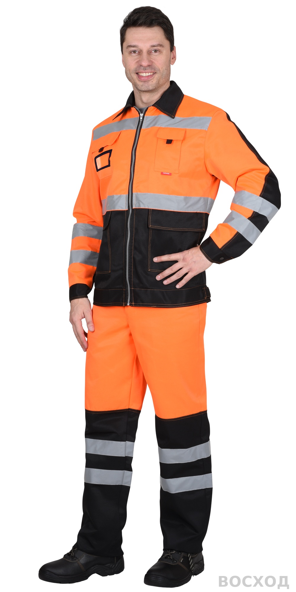 Костюм СИРИУС-МАГИСТРАЛЬ-ЛЮКС куртка кор. с бейджем, брюки, с чёрным и СОП